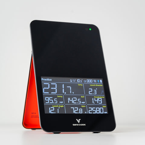 The Swing Caddie SC4 set up with the display on showing data numbers