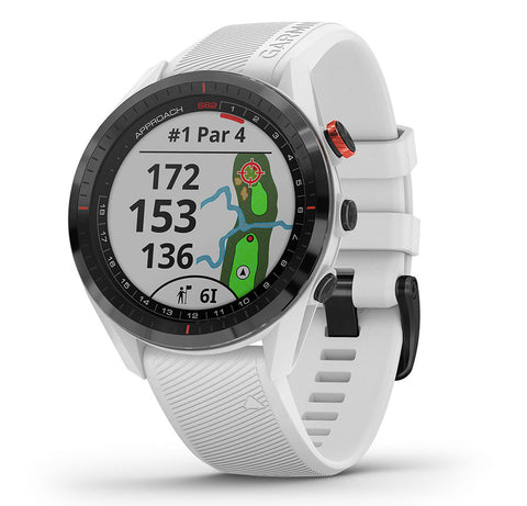 White with black bezel Garmin Approach S62 golf GPS watch showing distances and the green on the display