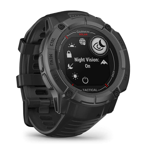 A black Garmin Instinct 2X Solar Tactical with Night Vision feature on the watch face