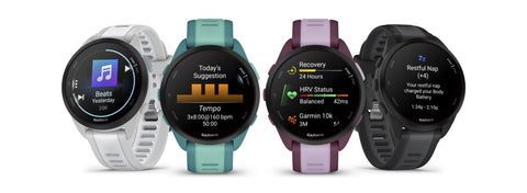 The four colors of the Garmin Forerunner 165 running GPS watch lineup