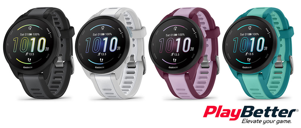 Line of Garmin Forerunner 165 running watches in the four different color palettes