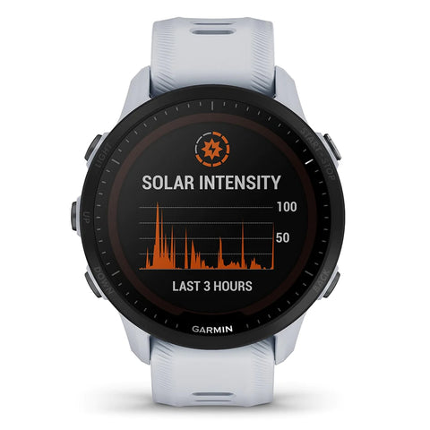 Front view of white Garmin Forerunner 955 Solar running GPS watch with solar charging on the display