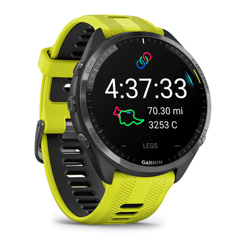 Amp yellow Garmin Forerunner 965 running watch with leg workout time and map on the AMOLED display