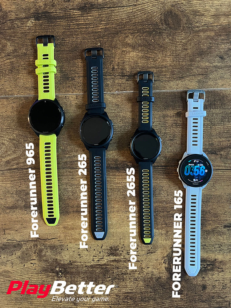 The Garmin Forerunner lineup – 965, 265, 265S, and 165 – laying next to each other