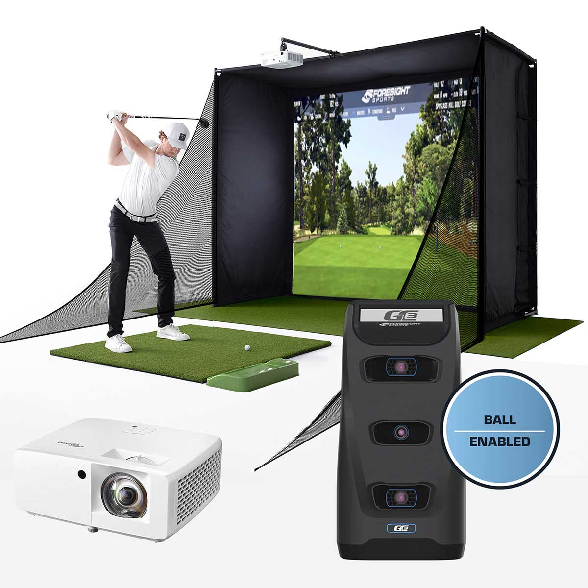 Foresight GC3 Golf Launch Monitor Studio Package | PlayBetter SimStudio™ with Impact Screen, Enclosure, Side Barriers, Hitting/Putting Mats & Projector