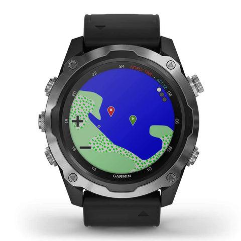 Front view of the Garmin Descent MK2 dive computer watch with a map on the display of entry and exit points