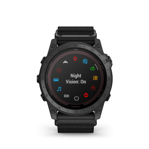 Black Garmin tactix 7 Pro edition with night vision feature selected on the display with other icons