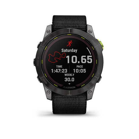 The Garmin Enduro 2 ultra GPS running watch with race data on the display