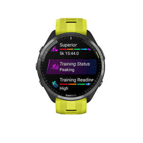 Amp yellow and black Garmin Forerunner 965 running GPS watch with training stats on the display