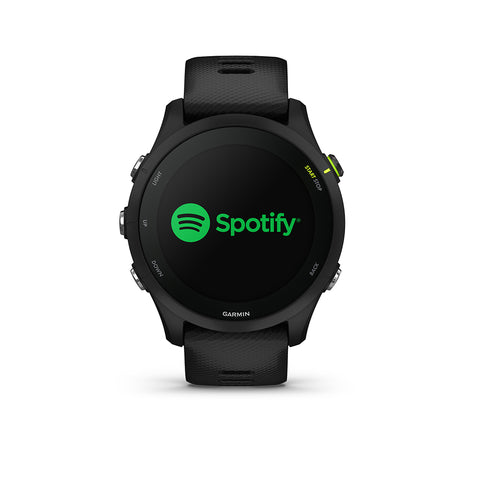 Black Garmin Forerunner 255 Music running watch with the Spotify app on the display