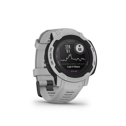 Mist Gray Garmin Instinct 2 Solar watch with heart rate on the display