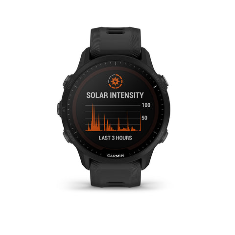 Black Garmin Forerunner 955 running GPS watch with solar intensity on the display