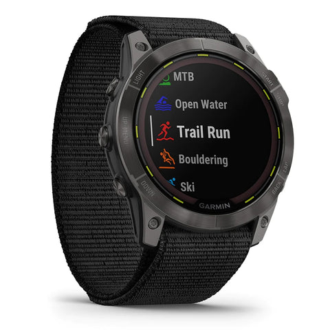 Garmin Enduoro 2 running watch with Trail Run activity selected on the display