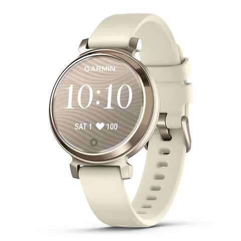 Front view of the cream gold and coconut silicone band Garmin Lily 2 smartwatch