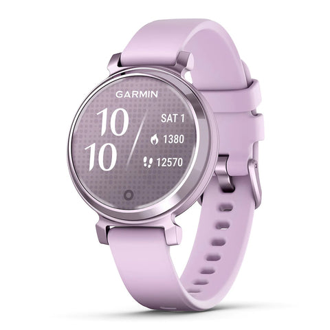 Front view of the metalic lilac and lilac silicone strap Garmin Lily 2 smartwatch