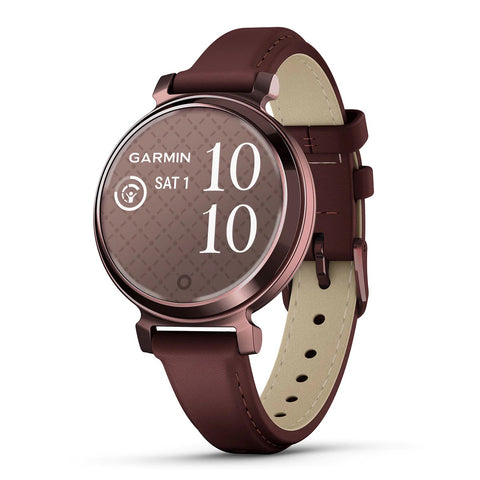 Dark bronze with mulberry leather strap Garmin Lily 2 smartwatch front veiw