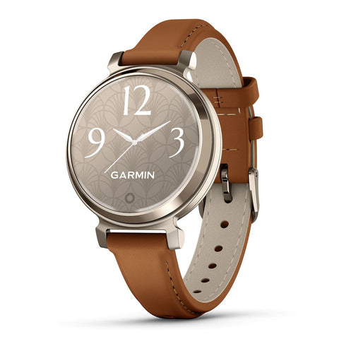 Front view of cream gold and tan leather Garmin Lily 2 smartwatch