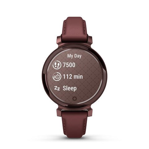 Garmin Lily 2 smartwatch with footsteps, minutes, and sleep data on the display