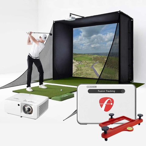 A golfer swinging in a PlayBetter SimStudio on a hitting mat with a FlightScope Mevo+ Limited Edition unit, stand, and projector in the foreground of the image