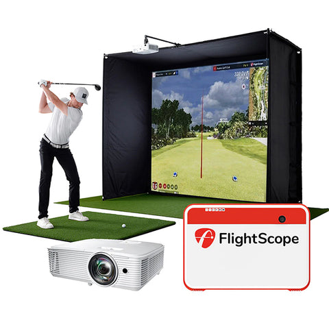 The FlightScope Mevo+ launch monitor with projector and golfer in the background swinging in a PlayBetter SimStudio