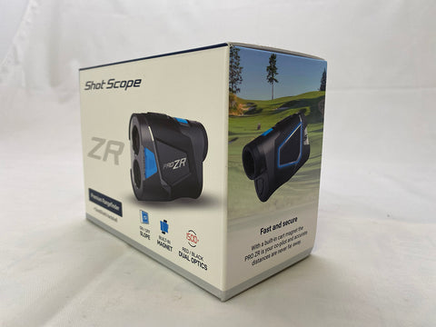 A front/side angle view of the Shot Scope Pro ZR in its packaging