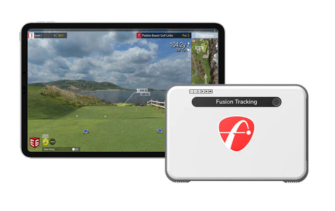 The Mevo+ Limited Edition with an iPad showing the Pebble Beach golf course in E6 Connect software
