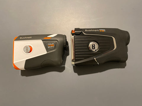 The Bushnell Tour V6 and Pro X3+ golf rangefinders laying next to each other for Marc's comparison