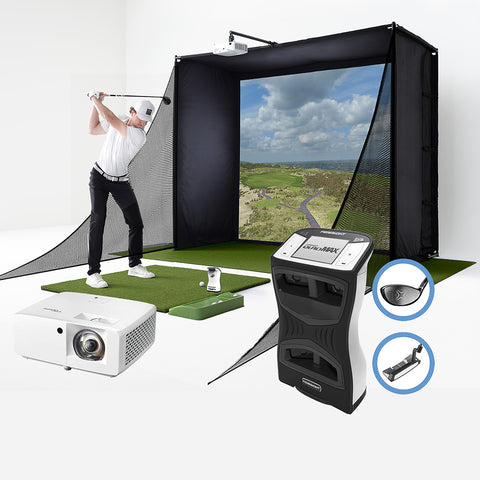 Golfer swinging in a PlayBetter SimStudio on a golf hitting mat with a QuadMAX unit and projector in the foreground of the image