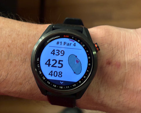 Black Garmin Approach S42 golf watch on golf reviewer Marc's wrist