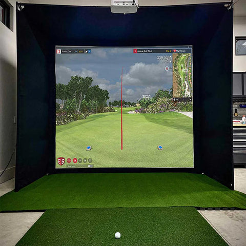 The PlayBetter SimStudio set up with E6 Connect golf simulation software on the screen