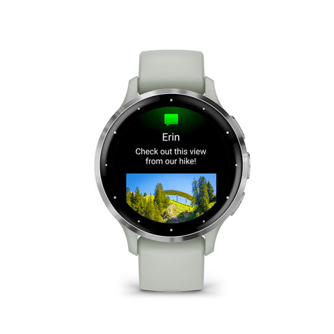 Sage Garmin Venu 3S with image from text on the display