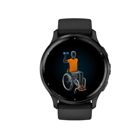 Black Garmin Venu 3 GPS smartwatch with Wheelcahir mode activity animation on the display