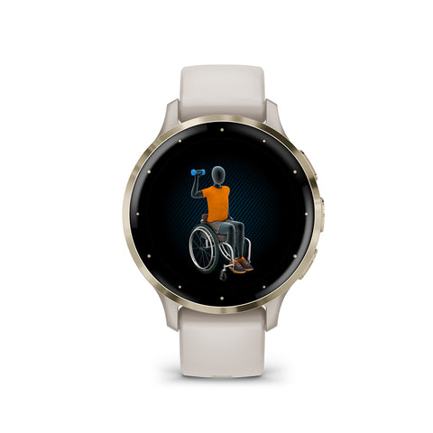 Front view of gold and ivory Garmin Venu 3S with wheelchair activity animation on the display