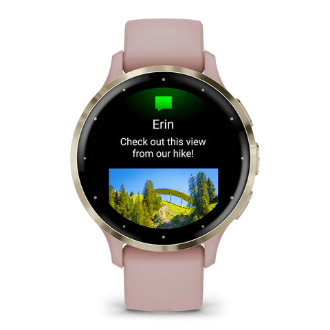 A dust rose Garmin Venu 3S smartwatch with an nature picture on display, sent through a text message