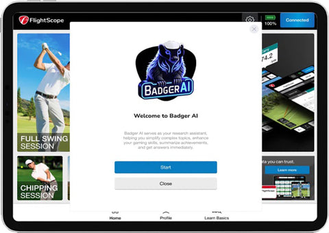The Badger AI welcome screen open on a desktop with other FlightScope golf images behind it