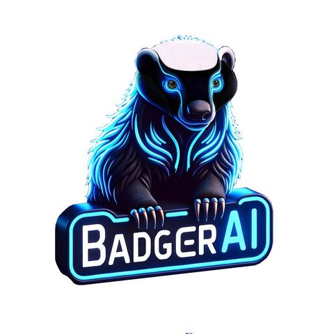 The Badger AI logo with a black and blue cartoon badger with its paws on the logo