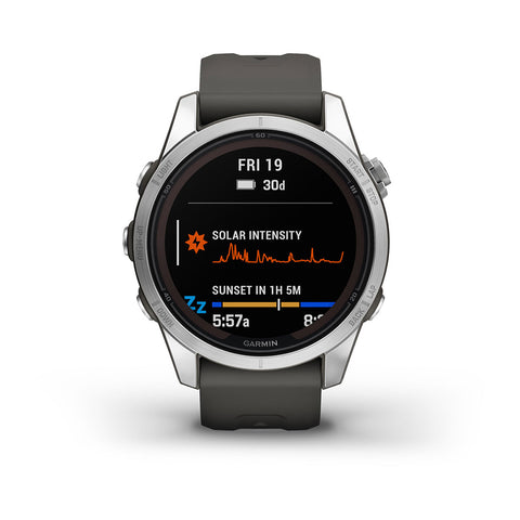 A fenix 7S Pro Solar multisport GPS watch with solar-charging on the display