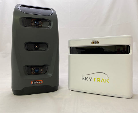 The Bushnell Launch Pro and SkyTrak+ launch monitors next to each other at angles with white background