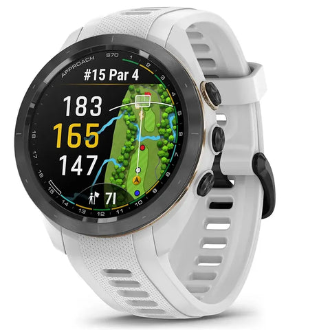 The white 42 mm Garmin Approach S70 golf GPS smartwatch