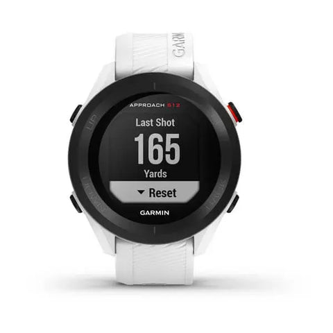 A white Garmin Approach S12 golf GPS watch with shot yardage on the display