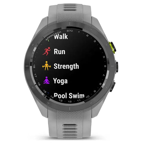 Gray 42 mm Garmin Approach S70 golf watch with activity profiles on the display