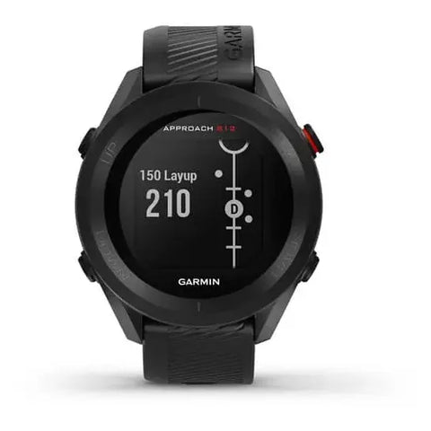 Black Garmin Approach S12 basic golf GPS watch with layup distance on the display