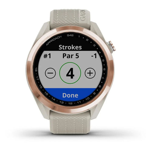 The rose gold and tan Garmin Approach S42 golf watch showing hole information on the display