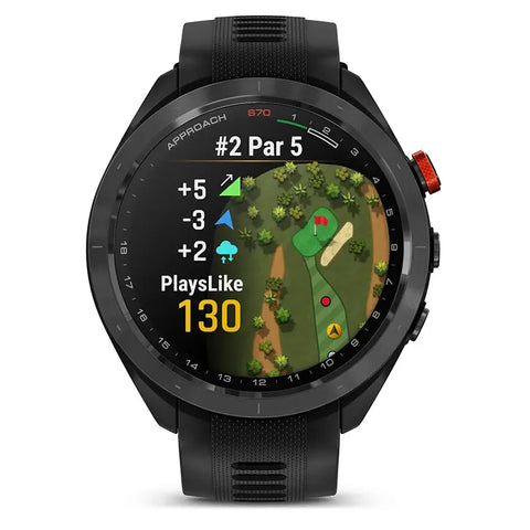 The black 47 mm Garmin Approach S70 golf watch with AMOLED display showing PlaysLike distance or slope on the display