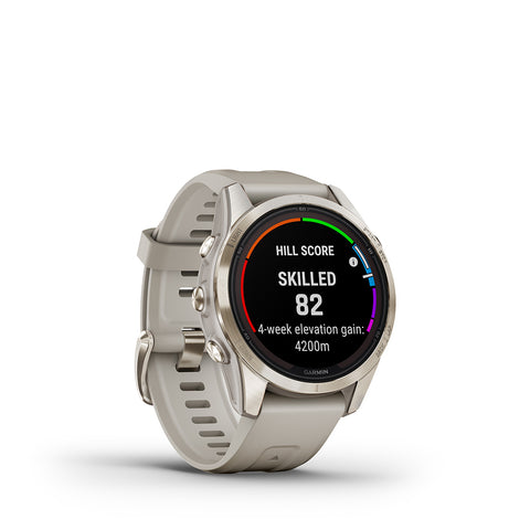 Gold Garmin fenix 7S Pro Solar premium multisport GPS smartwatch with new hill score feature on the display