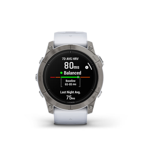 White and silver Garmin epix Pro (Gen 2) multisport GPS smarwatch with HRV status report on the watch face