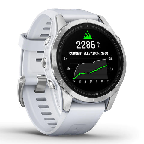 White with silver bezel 42 mm Garmin epix Pro (Gen 2) showing elevation on the display