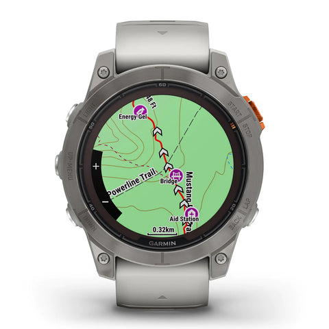 Front view of fog gray and ember orange Garmin fenix 7 pro multisport watch with full color maps on display