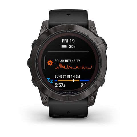 Black Garmin fenix 7X Pro Sapphire Solar with solar-charging on the display