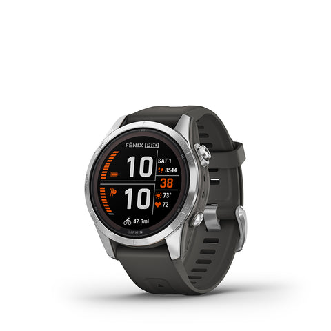 Silver and graphite Garmin fenix 7S Pro premium multisport GPS watch
